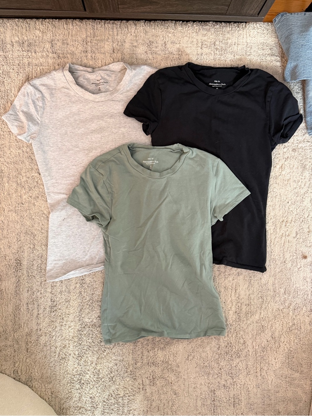 3 Pack A&F Baby Tee Crew Neck Tee Set - Black, Heather Gray, Sea Green
